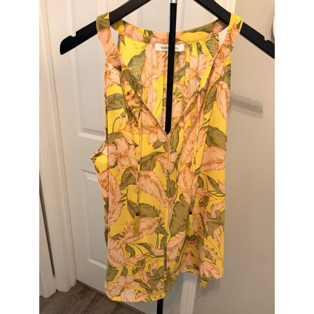 Rose + Olive Yellow Tropical Floral Sleeveless L Top Tassel Tie Boho Coastal EUC